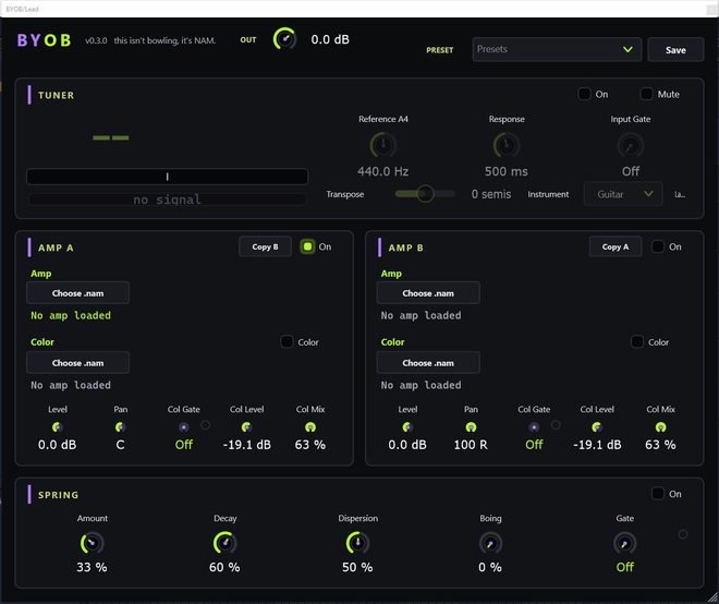 The BYOB plugin interface — tuner, two amp channels with amp + color .nam slots, and a spring reverb. Click to enlarge.