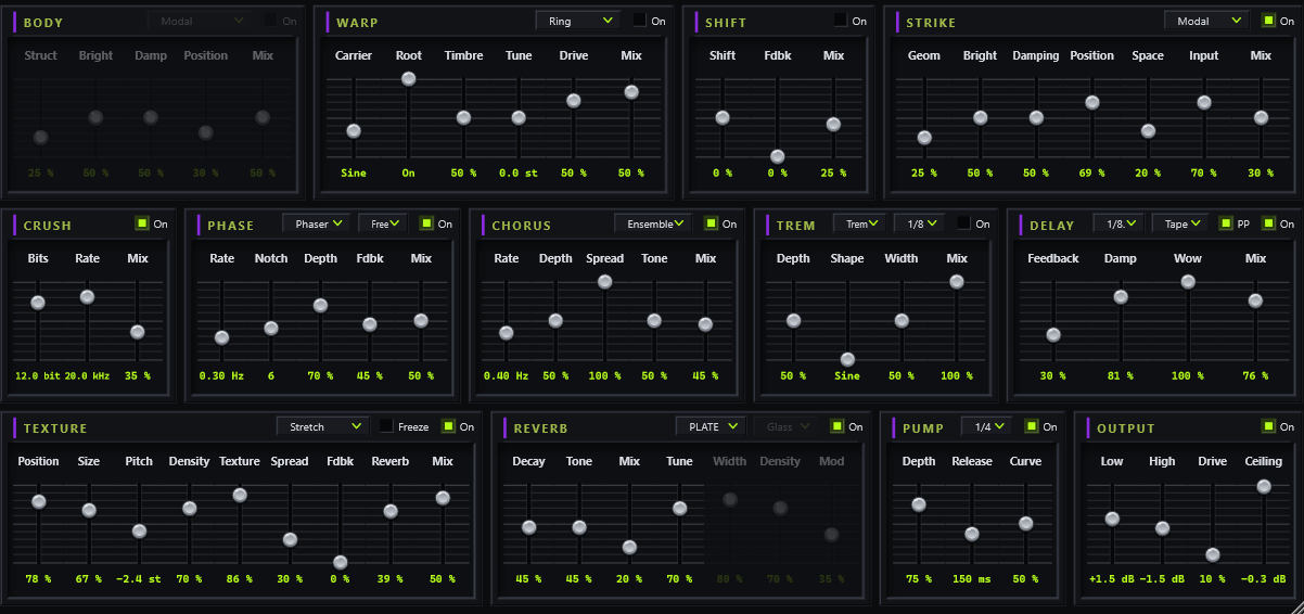 Thirteen effects in signal order: body, warp, shift, strike, crush, phase, chorus, trem, delay, texture, reverb, pump and output