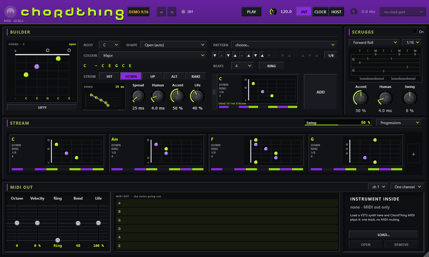 ChordThing MIDI: the builder, SCRUGGS and the stream, and the MIDI OUT device with the six-string monitor and INSTRUMENT INSIDE