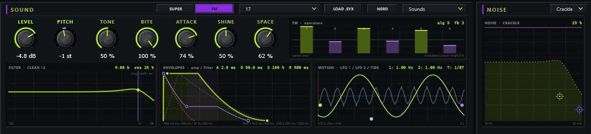 The sound card: two engines, the filter, envelope and motion screens, and the NOISE screen