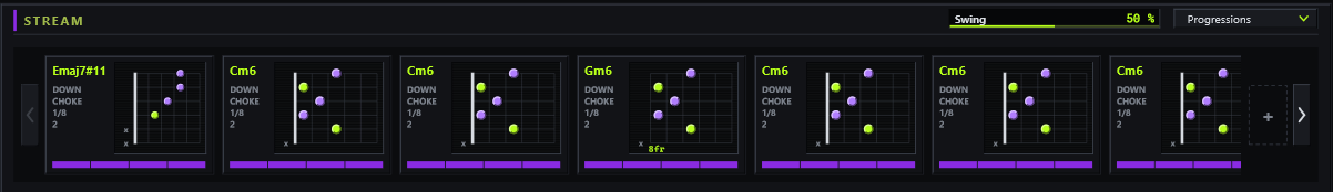 The stream: a row of chord plates, each with its name, strum and length