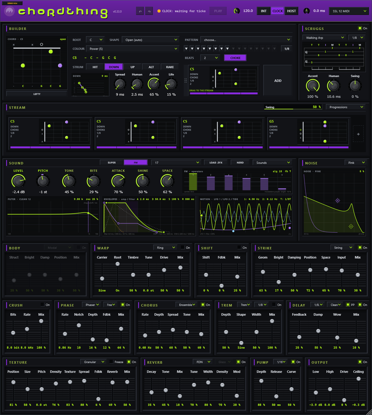 The ChordThing window: the header, the BUILDER with its chord diagram and the SCRUGGS device beside it, the STREAM of chord plates, the SOUND card with its screens and the NOISE screen, and three rows of effects.