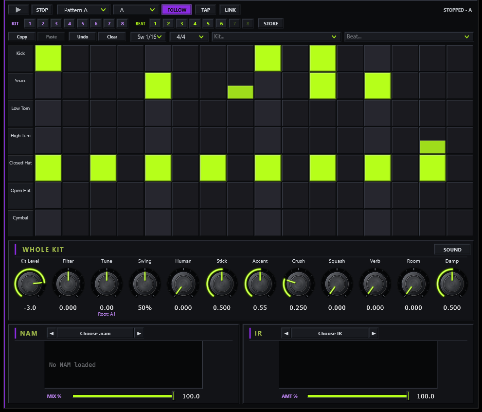 STIX: a seven-row step grid for kick, snare, two toms, hats and cymbal, kit and beat slots, and the WHOLE KIT knobs with a NAM card and an IR card