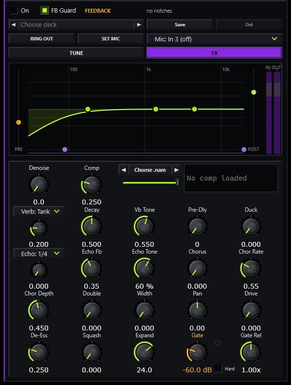 VOX: the vocal channel with its EQ screen, input and output meters, and the FX page knobs
